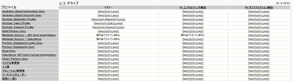 レコードタイプ×プロファイル画面