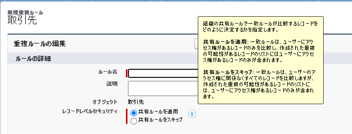 重複ルール名とレコードレベルセキュリティ設定画面