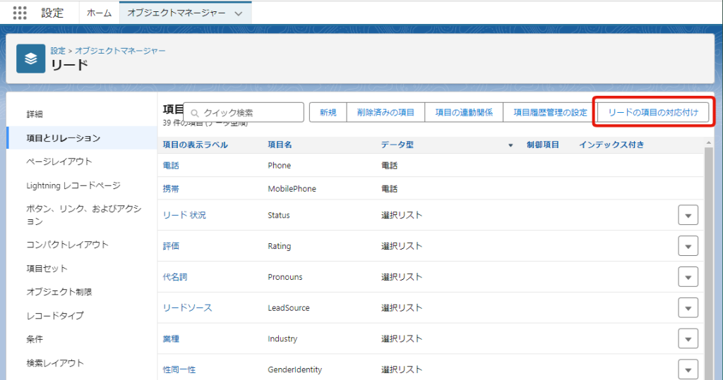 リードの項目マッピングへの導線