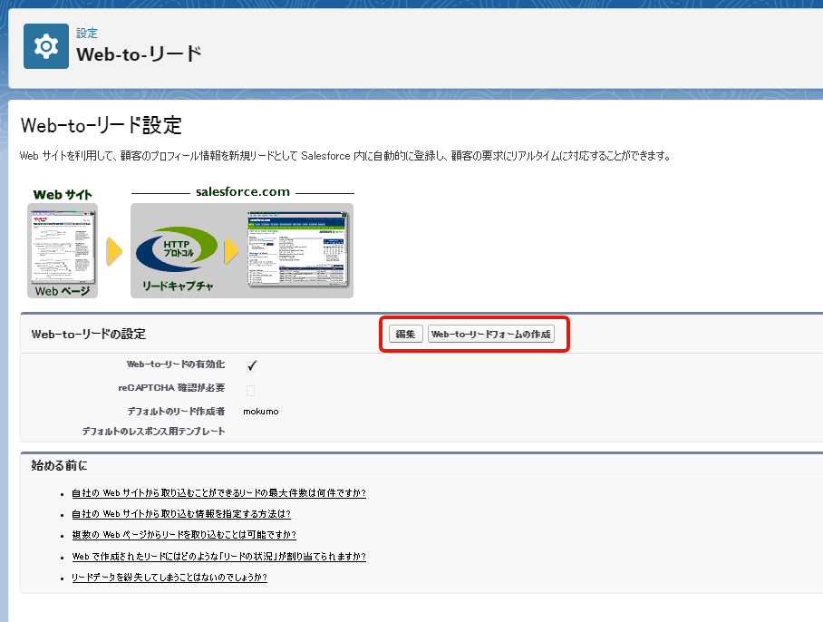 Web to Lead設定画面