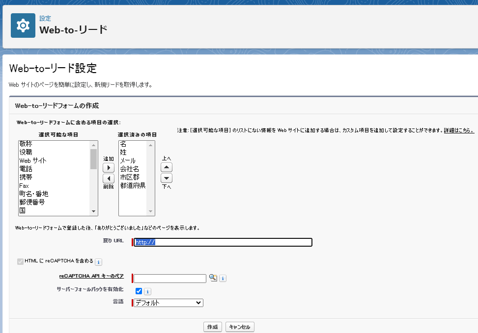 Web to Lead設定画面詳細2