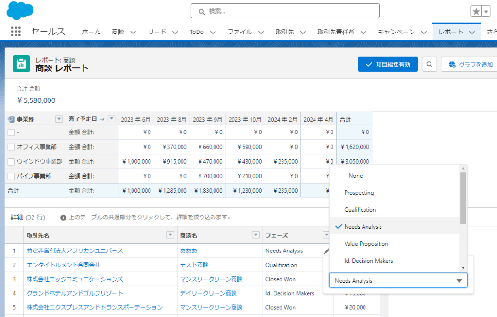 レポートのインライン編集例