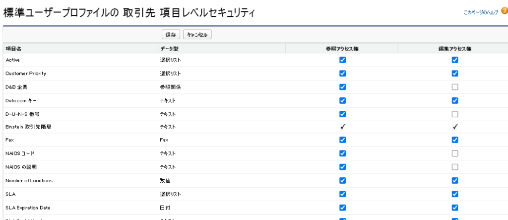 プロファイルから項目レベルセキュリティ設定画面2