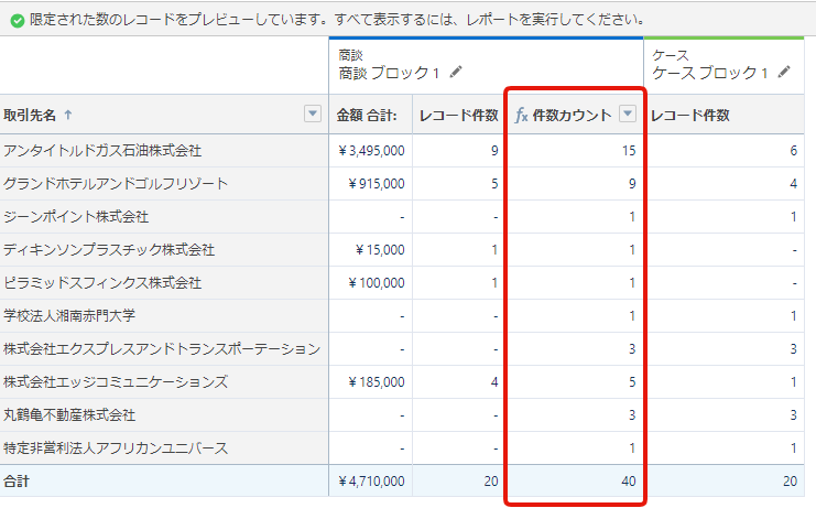 クロスブロックカスタム集計項目が作成完了した画面