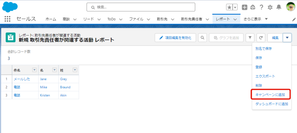 レポートからキャンペーンメンバーを追加する方法