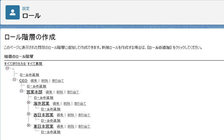 ロールの階層構造の画面