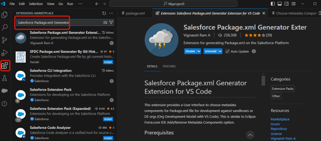 Salesforce Package.xml Generator Extension for VS Codeのインストール1