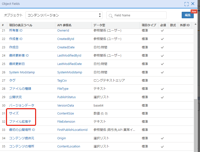 コンテンツバージョンオブジェクトの項目群